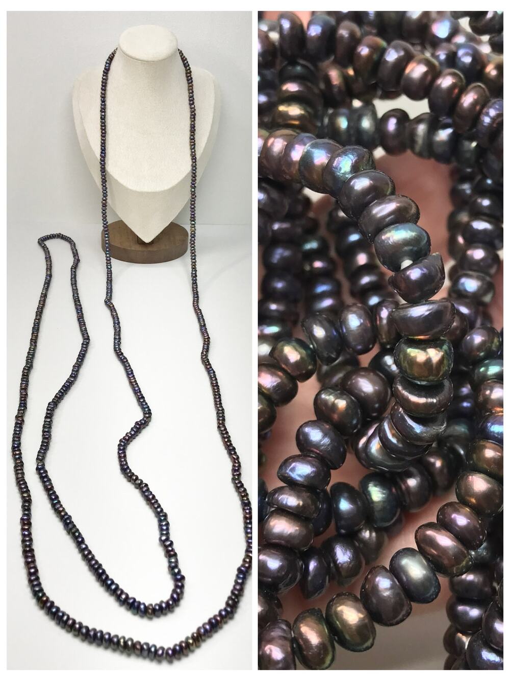 Vintage 65in 6mm Blue Black Peacock Mabe Freshwater Pearl 0pera Length Necklace